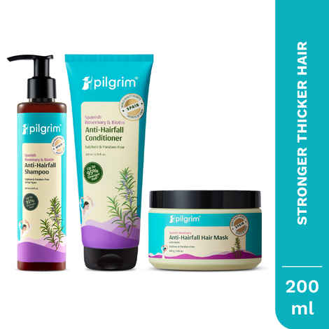 Buy Pilgrim Spanish Rosemary & Biotin Anti-Hairfall Combo upto 95% Strong & Healthy Hair Prabeen free, (Shampoo, Conditioner, Mask) Combo of 3 - Purplle