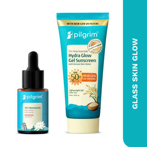 Buy Pilgrim 10% Niacinamide Face Serum & Hydra Glow SPF 50+ PA++++ Gel Sunscreen Duo For Glass Skin Glow, Combo of 2 - Purplle