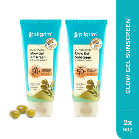 Buy Pilgrim 2% Niacinamide Glow Gel Sunscreen SPF 50 +++ Uv ShieldX Technology for Women and Men Enhances Glow, Broad spectrum, Non-greasy, No white cast, Water Resistant & Prevents Tanning All skin types Pack of 2 - Purplle