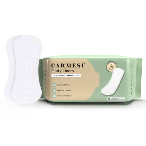 Buy Carmesi Panty Liners - 50 Pieces | Cushiony Soft | Protect against Spotting & Light Discharge | End-To-End Sticking | Keep You Fresh & Dry All-Day Long | Non-Toxic & Unscented Pack of 50 (L) - Purplle