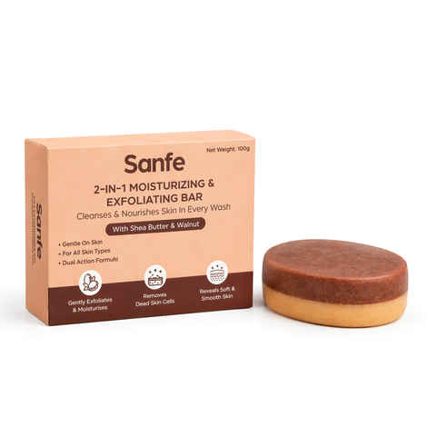 Buy Sanfe 2-In-1 Moisturising & Exfoliating Soap | 100 gm | With Shea Butter & Walnut | Gently Removes Dead Skin Cells | Cleanses & Nourishes Skin | Unviels Smooth & Soft Skin | Pulls Out Impurities - Purplle