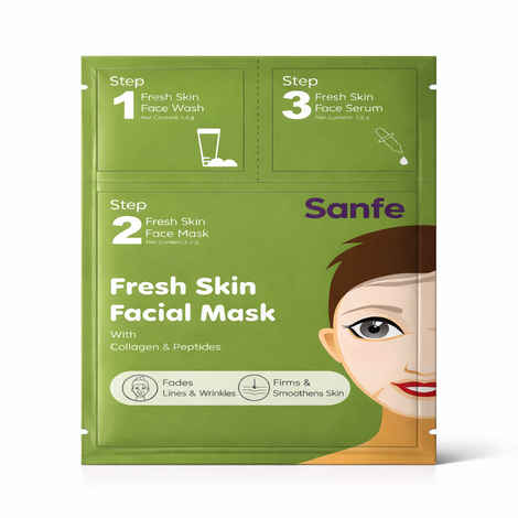 Buy Sanfe Fresh Skin Facial Mask | Single Use | Pack of 3 - Face Wash, Face Mask, Face Serum | Collagen & Potent Peptides | Firms & Smoothens Skin | Helps Reduce Lines & Wrinkles | Korean-Style Sheet Mask - Purplle