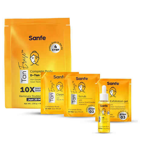 Buy Sanfe Tan Erase Complete Body D-Tan Kit | 150 gm + 50 ml | 4-Step Body D-Tan Spa Ritual | Removes Stubborn Sun Tan in 20 Minutes | With Glycolic Acid, Vitamin E & Green Tea | Smooth, Radiant Skin - Combo of 2 - Purplle
