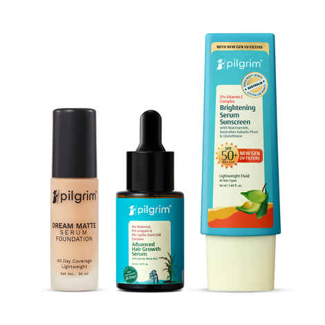Buy Pilgrim Skin + Hair Essentials Serum Foundation, SPF 50+ PA++++ Sunscreen & Advance Hair Growth Trio (Combo of 3) - Purplle