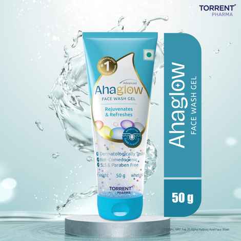 Buy Ahaglow Advanced Face Wash Gel 50 gm with AHA(1% Glycolic Acid) Glow Bombs| Jojoba & Tea Tree Oil | Allantoin, Vitamin E & Oak bark Extract | No.1 Dermatologist Prescribed AHA Brand - By Torrent Pharma - Purplle