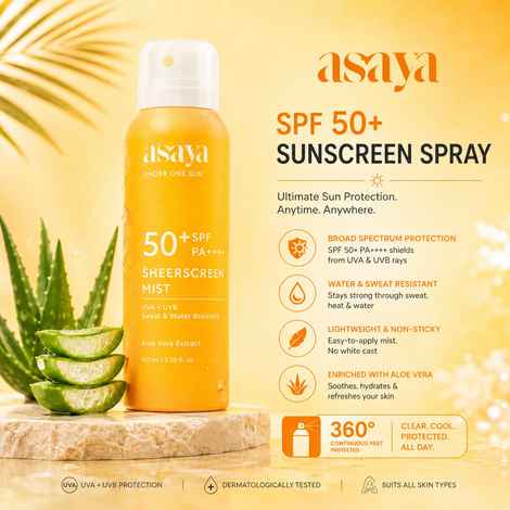 Buy Asaya SPF 50+ Waterproof Sunscreen Spray | Broad Spectrum UVA/B Protection | Blue Light Sunscreen Protection | Matte Finish | With Aloe Vera Extract for Hydration | For Men & Women | Oily & Dry Skin | Face & Body | 100 ml - Purplle