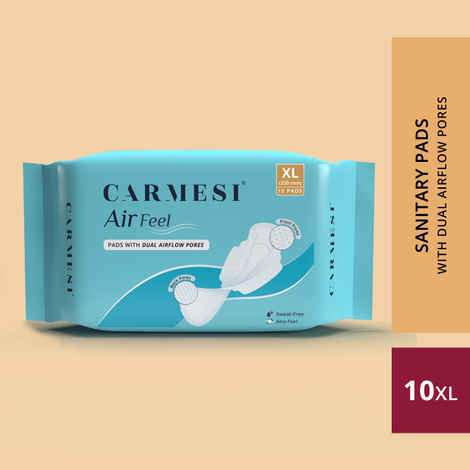 Buy Carmesi Air Feel Sanitary Pads With Dual Airflow Pores - 10 XL Pads With Wide Back | Airy, Dry, Sweat-Free, Rash-Free & Comfy | Soft, Lightweight & Ultra-Thin | Super-Absorbent Core | Non-Toxic - Purplle