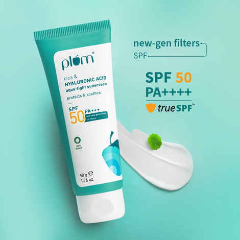 Buy Plum Cica & Hyaluronic Acid Aqua-Light Sunscreen SPF 50 PA+++ | No White Cast, Lightweight, Non-Sticky | Safest New Generation UV Filters | Protects & Cares for All Skin Types | Water-Light Sunscreen For Women & Men | 100% Vegan | 50 gm - Purplle