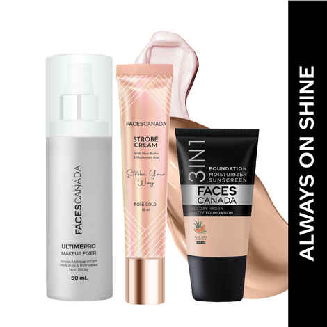 FACES CANADA Always On Shine Combo - All Day Hydra Matte Foundation - Rose Ivory 011 (18 ml) + Strobe Cream - Rose Gold (18 ml) + Ultime Pro Makeup Fixer (50 ml) | Illuminating & Glowing Makeup Base | Long Lasting Makeup Setting Spray