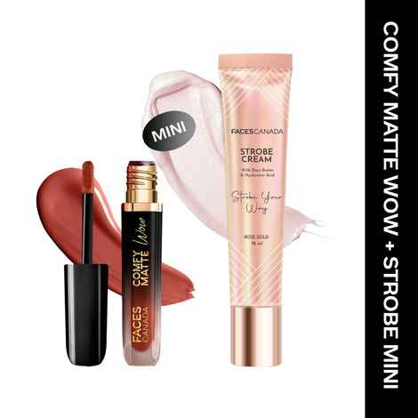 Buy FACES CANADA Comfy Matte Wow Liquid Lipstick - Nude Nectar 08 (3.8 ml) & Rose Gold Strobe Cream (18 ml) Combo of 2| Highly Pigmented | Flawless Radiant Dewy Skin | Illuminating & Glowing Makeup Base - Purplle