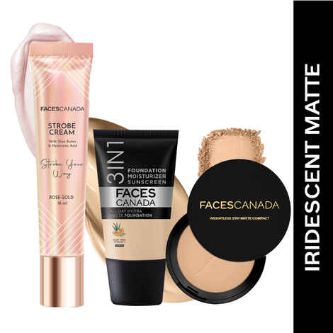 Buy FACES CANADA Iridescent Matte Combo - Strobe Cream - Rose Gold (18 ml) + Weightless Stay Matte Compact Powder - Beige 03 (9 gm) + Hydra Matte Foundation - Absolute Ivory 012 (18 ml) | Illuminating & Glowing Makeup Base | 10HR Long Wear - Purplle