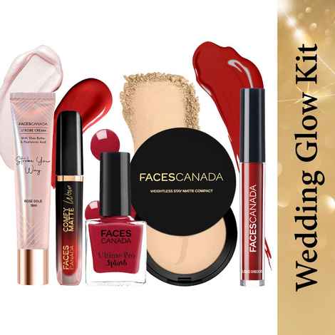 Buy FACES CANADA Wedding Glow Kit -Liquid Sindoor - Maroon 2.5 ml + Splash Nail Enamel - Royal Ruby 8 ml + Comfy Matte Wow Liquid Lipstick - Ruby Rouge 3.8 ml + Strobe Cream - Rose Gold 18 ml + Compact Powder - Natural 02 9 gm Combo of 5 - Purplle