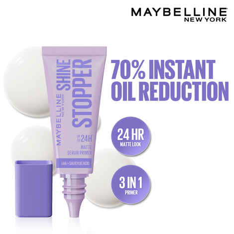 Buy Maybelline New York Shine Stopper Primer | 3-in-1 Serum Primer for Oily Skin to Prime, Mattify, Hydrate with LHA & Salicylic Acid, 10 ml - Purplle