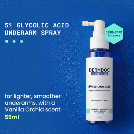 Buy DERMDOC by Purplle 5% Glycolic Acid Underarm Treatment - Vanilla Orchid | Underarm Lightening Spray | Exfoliating & Brightening | Dark Spots, Dark Neck, Dark Underarms & Strawberry Legs | 55 ml - Purplle