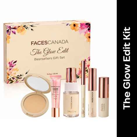 Buy FACES CANADA The Glow Edit: Bestsellers Gift Set, Pack of 6 | Makeup Gift Set | Natural Compact 10 gm, Mascara 5ml, Shimmer Setting Spray 30 ml, Black Kajal 0.3 gm, Rose Gold Strobe Cream 10 gm, Toffee Drizzle Lipstick 4.5 gm - Purplle