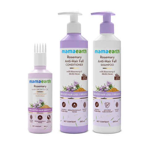 Buy Mamaearth Rosemary Hair Fall Control Kit: Rosemary Shampoo (250 ml)+ Rosemary Conditioner (250 ml)+Rosemary Hair Oil (150 ml) | Gives up to 94% Stronger Hair | Up to 93% Less Hair Fall | Made Safe Certified | For Men & Women - Combo of 3 - Purplle