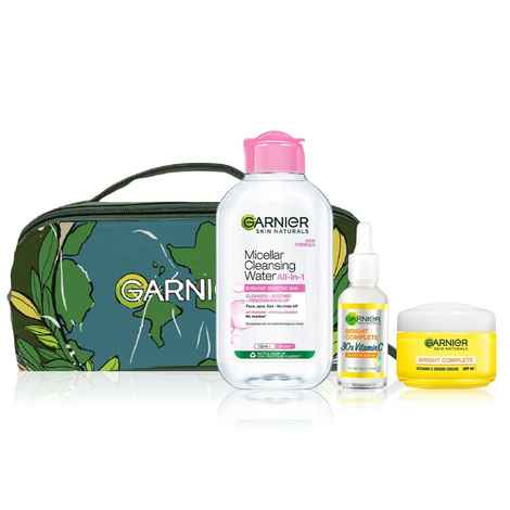 Buy Garnier Glow & Protect Essentials Kit (Micellar Water 125 ml + Bright Complete Serum 30 ml + Day cream 45 g + Pouch) - Purplle
