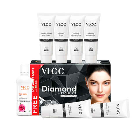 Buy VLCC Diamond Facial Kit with FREE Rose Water Toner - 300 gm + 100 ml | Skin Purifying Facial with Colloidal Diamond, Jojoba Oil, Olive Oil & Aloe Vera. Detoxifying At Home Facial. - Purplle