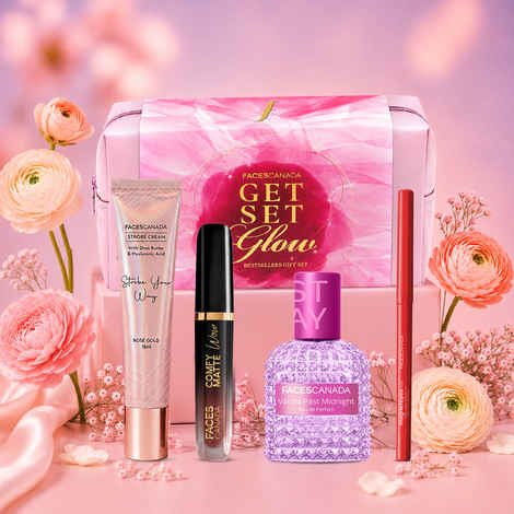 Buy FACES CANADA Get Set Glow | Magneteyes Kajal - Black 0.35 gm + STAY Vanilla Past Midnight Eau de Parfum Mini 20 ml + Strobe Cream Rose Gold 18 ml + Comfy Matte Wow Liquid Lipstick - Cocoa Crush 3.8 ml Combo of 4 - Purplle