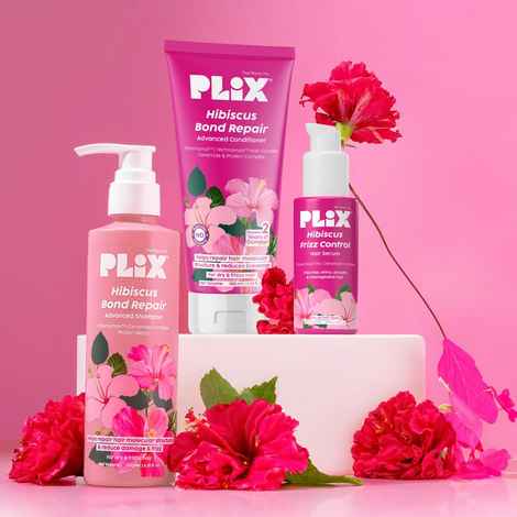 Buy PLIX Hibiscus Frizz Control Hair Care Kit | Shampoo (200 ml)+ Conditioner (100 ml) + Frizz Control Hair Serum (50 ml)| FiberHance, Ceramide Complex & Hibiscus | Smooth, Shiny & Manageable Hair(Combo of 3) - Purplle