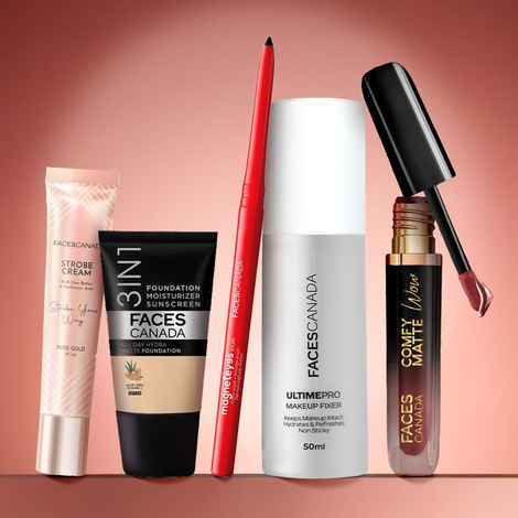 Buy Faces Canada Fresh Glow Kit (Ultime Pro Makeup Fixer 50 ml + Strobe Cream Mini- Rose Gold (18 gm) + All Day Hydra Matte Foundation - Mini + Comfy Matte Wow Liquid Lipstick - Cocoa Crush + Magneteyes Kajal - Black) Combo of 5 - Purplle
