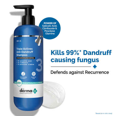 Buy The Derma Co. Triple Actives Anti-Dandruff Shampoo Power of 3 Actives | Kills 99%* Dandruff-causing Fungus | Soothes Itchiness & Irritation | Defends Against Recurrence (400 ml) - Purplle