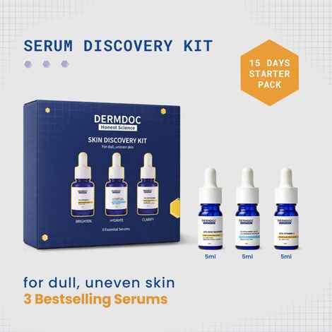 Buy Dermdoc Serum Discovery Kit for Dull & Uneven Skin | 3 Bestseller Serums | With 10% Vitamin C Serum, 2% Hyaluronic Acid + 1% Ceramide Complex Serum & 10% Niacinamide Serum | Helps Brighten, Hydrate & Improve Skin Clarity | 3 × 5 ml Pack of 3 - Purplle