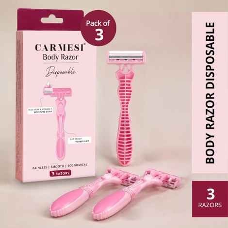 Buy Carmesi Disposable Body Razors for Women - Pack of 3 | Aloe Vera & Vitamin E Moisture Strip For Smooth & Painless Hair Removal | Slip-Proof Rubber Grip | Safe, Hygienic & Economical - Purplle