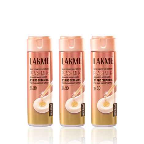 Buy Lakme Peach Milk Moisturiser SPF 30 with 2% Pro-Ceramide | Daily UV Defense Hydrating & Skin Barrier Repair Face Cream | Lightweight For Dry Skin Normal Oily Skin & Sensitive Skin 120 ml (Pack of 3) - Purplle