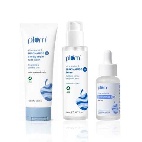 Buy Plum Glow Essentials- Simply Bright 2% Niacinamide Face Wash With Rice Water | 100 ml + 3% Niacinamide & Rice Water Alcohol-Free Toner - 150 ml + 10% Niacinamide Face Serum with Rice Water-15 ml - Purplle
