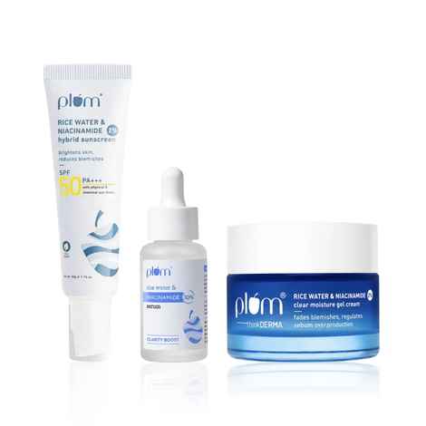 Buy Plum Bright Skin Essentials Kit - 10% Niacinamide Face Serum with Rice Water (15 ml) + 2% Niacinamide & Rice Water Hybrid Face Sunscreen + 2% Niacinamide & Rice Water Clear Moisture Gel Cream 50g - Purplle