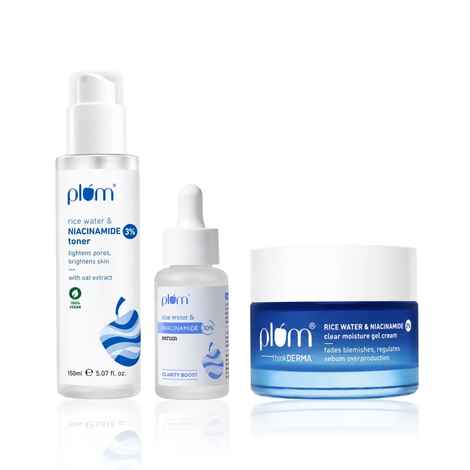 Buy Plum Hydration & Glow Set- Plum 3% Niacinamide & Rice Water Alcohol- 150 ml + 2% Niacinamide & Rice Water Clear Moisture Gel Cream - 50 gm + 10% Niacinamide Face Serum with Rice Water 15 ml - Purplle