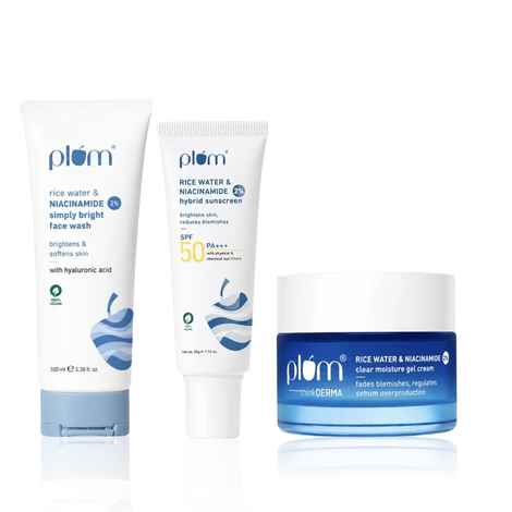 Buy Plum Glow & Protect Trio - 2% Niacinamide Sunscreen SPF 50 PA+++ With Rice Water - 50 gm + Simply Bright 2% Niacinamide Face Wash With Rice Water - 100 ml + 2% Niacinamide & Rice Water Clear Moisture Gel Cream - 50 gm - Purplle
