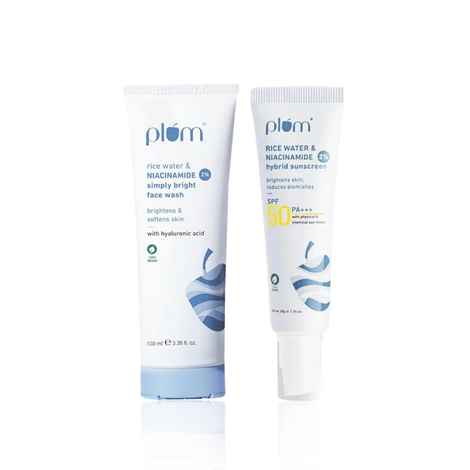 Buy Plum Bright & Protect Duo - 2% Niacinamide Face Wash With Rice Water - 100 ml + 2% Niacinamide Sunscreen SPF 50 PA+++ With Rice Water - 50 gm - Purplle