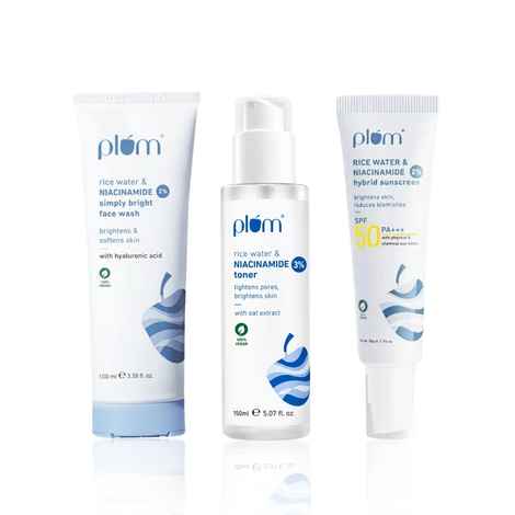 Buy Plum Niacinamide CTS Routine (2% Nicinamide Face Wash 100 ml + 3% Nicinamide Toner 150 ml + 2% Nicinamide Sunscreen 50 gm) - Purplle