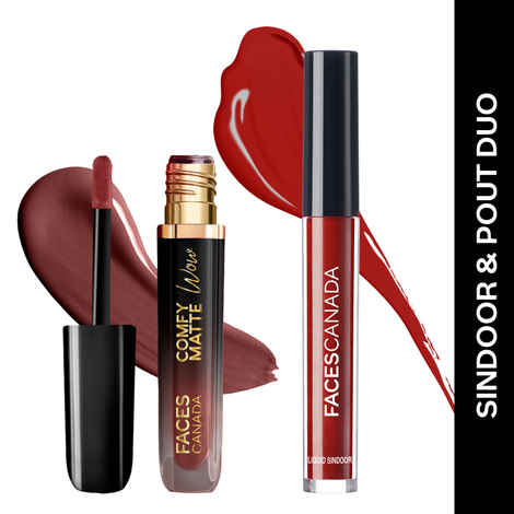 Buy FACES CANADA Sindoor & Pout Duo - Maroon Liquid Sindoor (2.5 ml) + Comfy Matte Wow Liquid Lipstick - Cocoa Crush (3.8 ml) | Long Lasting | High Pigment | Water-Proof | Festive Makeup Gift Set for Women Combo of 2 - Purplle