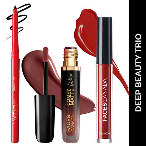 Buy FACES CANADA Deep Beauty Trio: Maroon Sindoor 2.5 ml + Cocoa Crush Comfy Matte Wow Lipstick 3.8 ml + Black Kajal 0.35 gm| Long Lasting | Highly Pigmented | Water-Proof | Festive Makeup Gift Set for Women Combo of 3 - Purplle