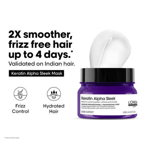Buy L'Oreal Professionnel Keratin Alpha Sleek Hair Mask, 84% Less frizz, 5X Instant smoothness (250 ml) - Purplle