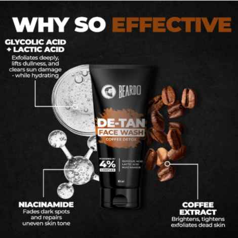 Buy Beardo DeTan Face Wash for Men Coffee Detox | Glycolic Acid,Niacinamide & Coffee | Helps to Reduce Tan,Reduce Dark Sports & Pigmentation | Exfoliates & Hydrates for Smooth & Oil Free Skin (50 ml) - Purplle
