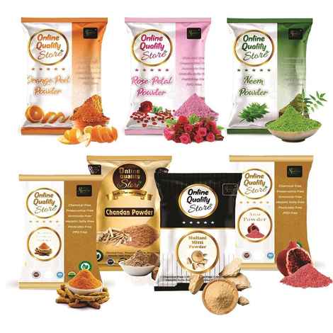 Buy Online Quality Store Multani Mitti 150g, Chandan Powder 50g, Orange Peel Powder 50g, Neem Powder 50g , Rose Powder 50g, Kasturi Turmeric 50 g, Pomegranate Powder 50g -450g{mitticombo_mitti_haldi_pome_(450 gm)} - Purplle