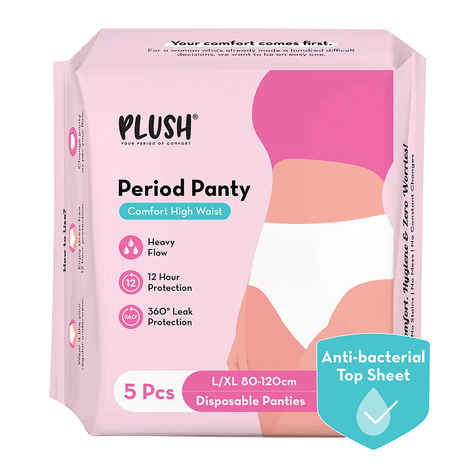 Buy Plush Anti-Bacterial High Waist Sanitary Period Panties for Women | Size L/XL (80-120cm) | 12 Hour Leak Protection, 5 pcs - Purplle