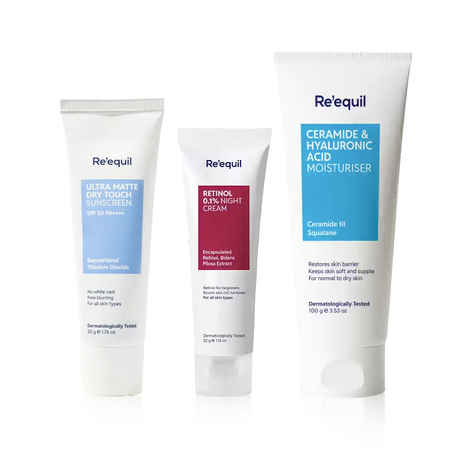 Buy Re'equil Retinol Starter Bundle | Complete Anti-Ageing Skincare Routine with 0.1% Retinol Night Cream (32 gm), Ceramide & Hyaluronic Acid Moisturizer (100 gm) and Ultra Matte Dry Touch Sunscreen SPF 50 PA++++ (50 gm) Combo of 3 - Purplle
