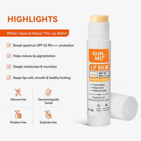 Buy SunMD Ceramide, Kojic Acid & Niacinamide SPF 55 Lip Balm – Clear| Brightening Lip Balm | For Dark & Pigmented Lips| Fades Pigmentation and Heals Dry & Chapped Lips|Long Lasting Moisturization with UVA/UVB Protection|(4.5 gm) - Purplle