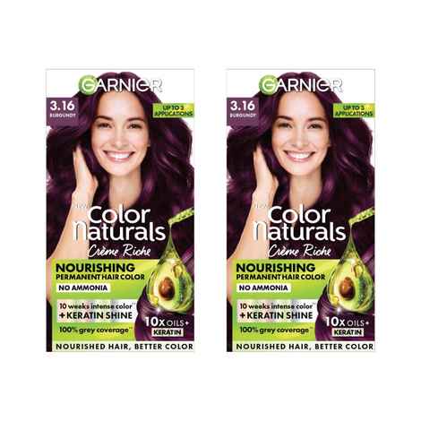 Buy Garnier Color Naturals 3.16 Burgundy Hair Color with Keratin - Permanent & Ammonia Free (70 ml + 60 gm) (Pack of 2) - Purplle