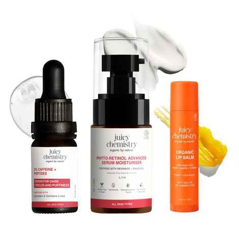 Buy Juicy Chemistry Overnight Kit: Phyto-retinol Anti-aging Moisturiser (30 ml) + 3% Caffeine & Peptides Eye Serum For Dark Circles & Puffiness (15 ml) + Organic Depigmentation Lip Balm (5 gm) | Combo of 3 - Purplle