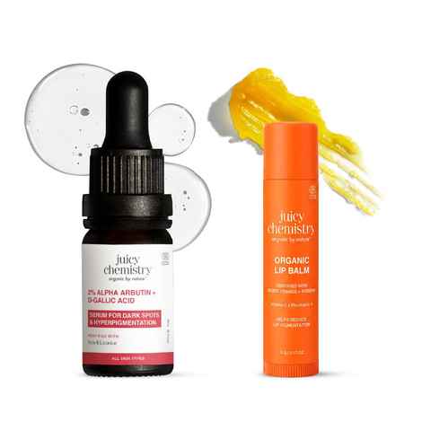 Buy Juicy Chemistry Daily Brightening Duo | Organic Lip Balm with Blood Orange + Rosehip (5 gm) & 2% Alpha Arbutin + D-Gallic Acid Face Serum (10 ml) | Reduces Lip Pigmentation | Hydrates & Brightens Skin Tone Combo of 2 - Purplle