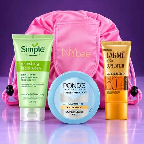 Buy MultiBrand The Daily Skin Essentials (Lakme Sunscreen + Ponds Gel Moisturiser + Simple Face Wash + NY Bae Travel Pouch) Combo of 5 - Purplle