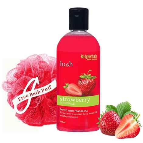 BodyHerbals Ancient Ayurveda Lush Strawberry Shower Gel (200 ml) + FREE Body Herbals Bath Puff