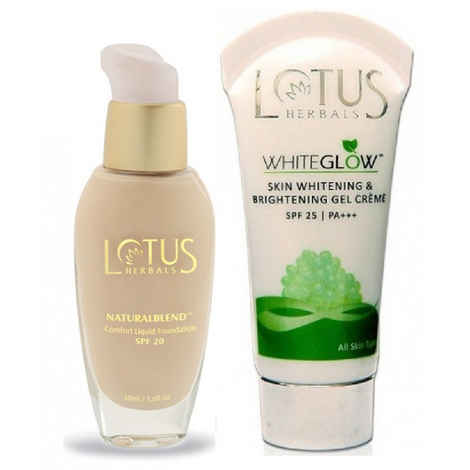 Buy Lotus Makeup Natural Blend Comfort Liquid Foundation SPF 20 Buff (30ml) + FREE Lotus Herbals White Glow Skin Whitening and Brightening Gel Cream SPF 25 PA +++ (20g) - Purplle
