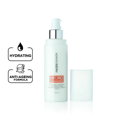 Buy FACES CANADA Hydro Face Moisturiser, 100 ml | Naturally Hydrating Moisturiser With SPF 15 | Anti Ageing | For Dry & Sensitive Skin | Evens Skin Tone | Masks Imperfections | Natural Ingredients-Purplle